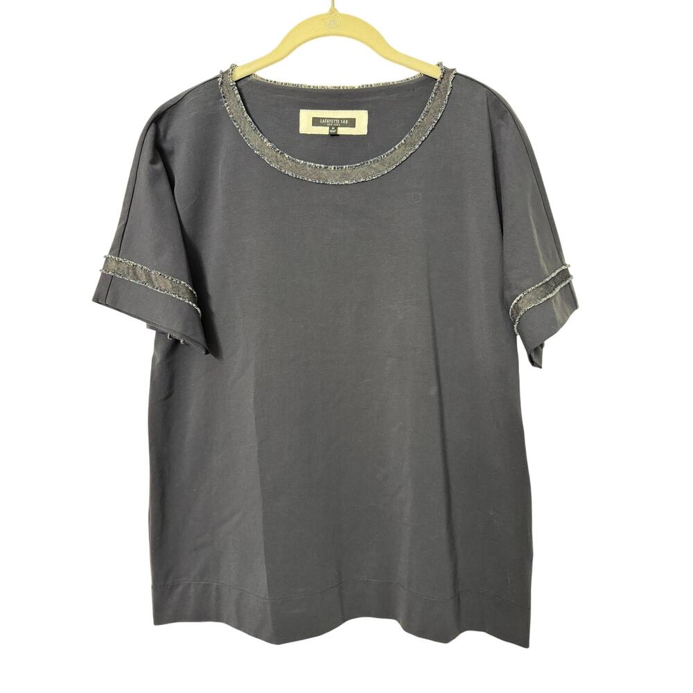 Lafayette 148 Navy Denim Collar Short Sleeve Shirt Sz Med